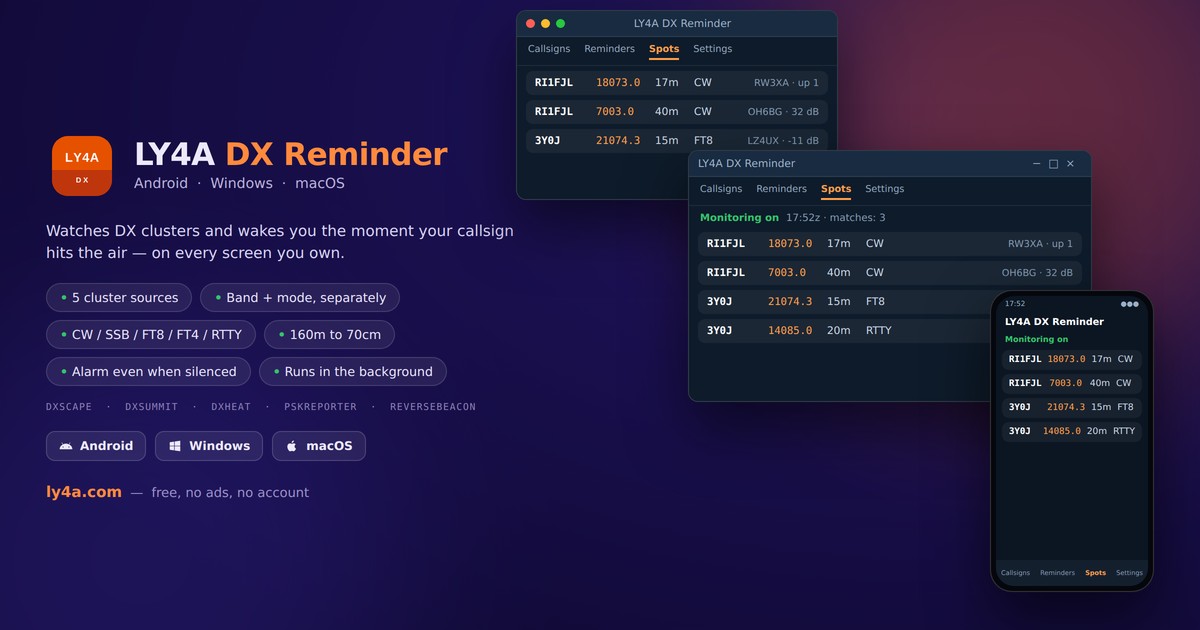 LY4A DX Reminder - DX cluster monitoring for Android, Windows and Mac
