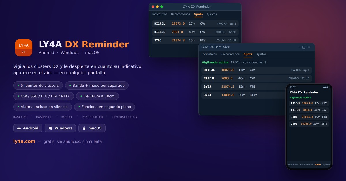 LY4A DX Reminder - vigilancia de clusters DX para Android, Windows y Mac