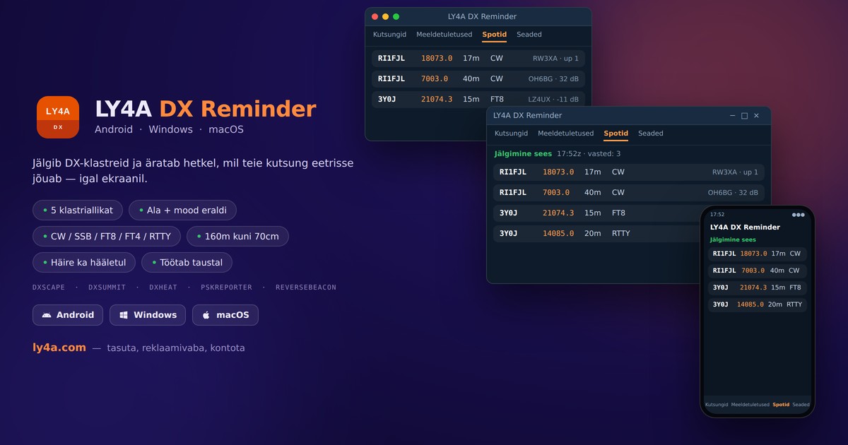 LY4A DX Reminder - DX-klastrite jälgimine Androidile, Windowsile ja Macile