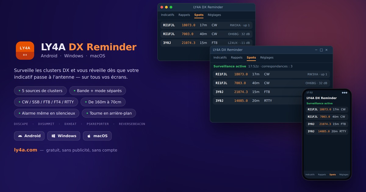 LY4A DX Reminder - surveillance des clusters DX pour Android, Windows et Mac