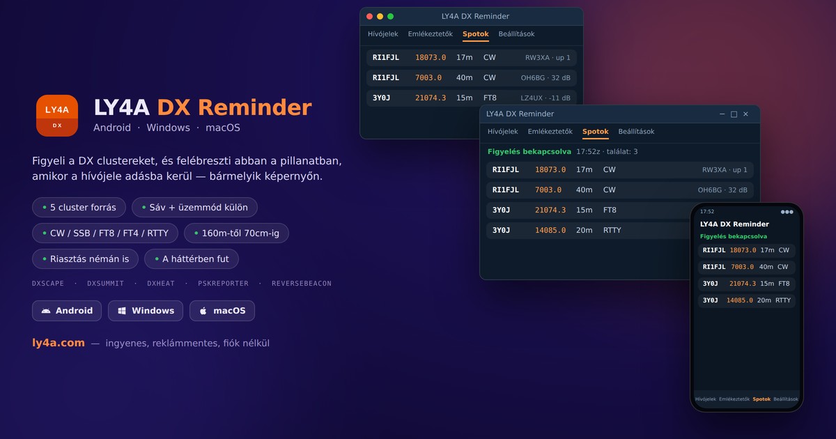LY4A DX Reminder - DX cluster figyelés Androidra, Windowsra és Macre