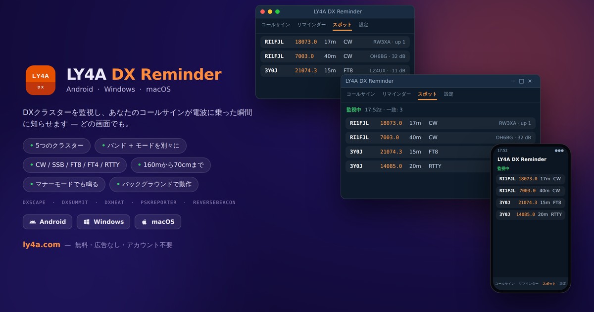 LY4A DX Reminder - Android・Windows・Mac 用の DX クラスター監視